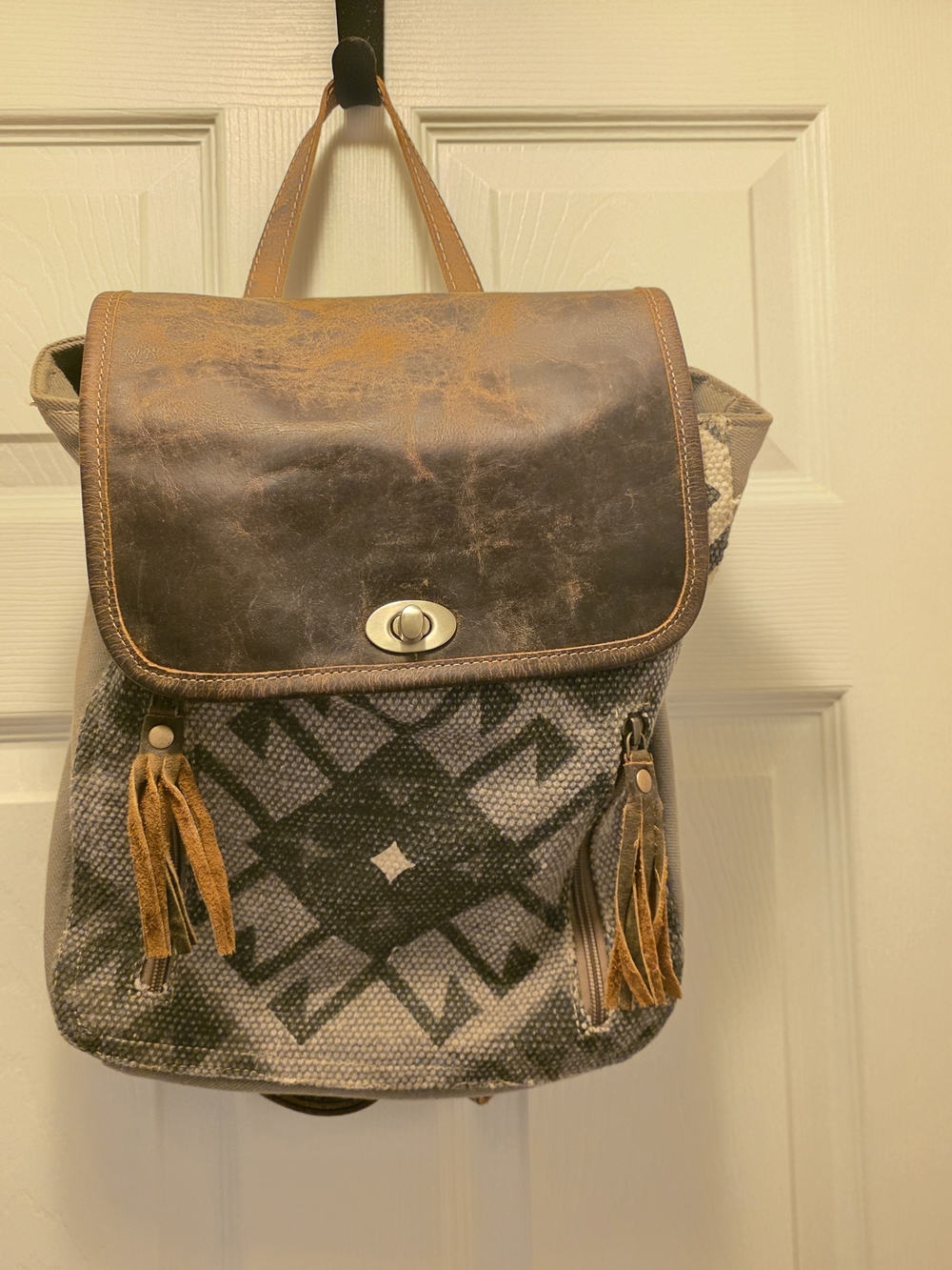Myra Bag Brown Leather-Trim Gray Patterned Backpack with Tan Tassels